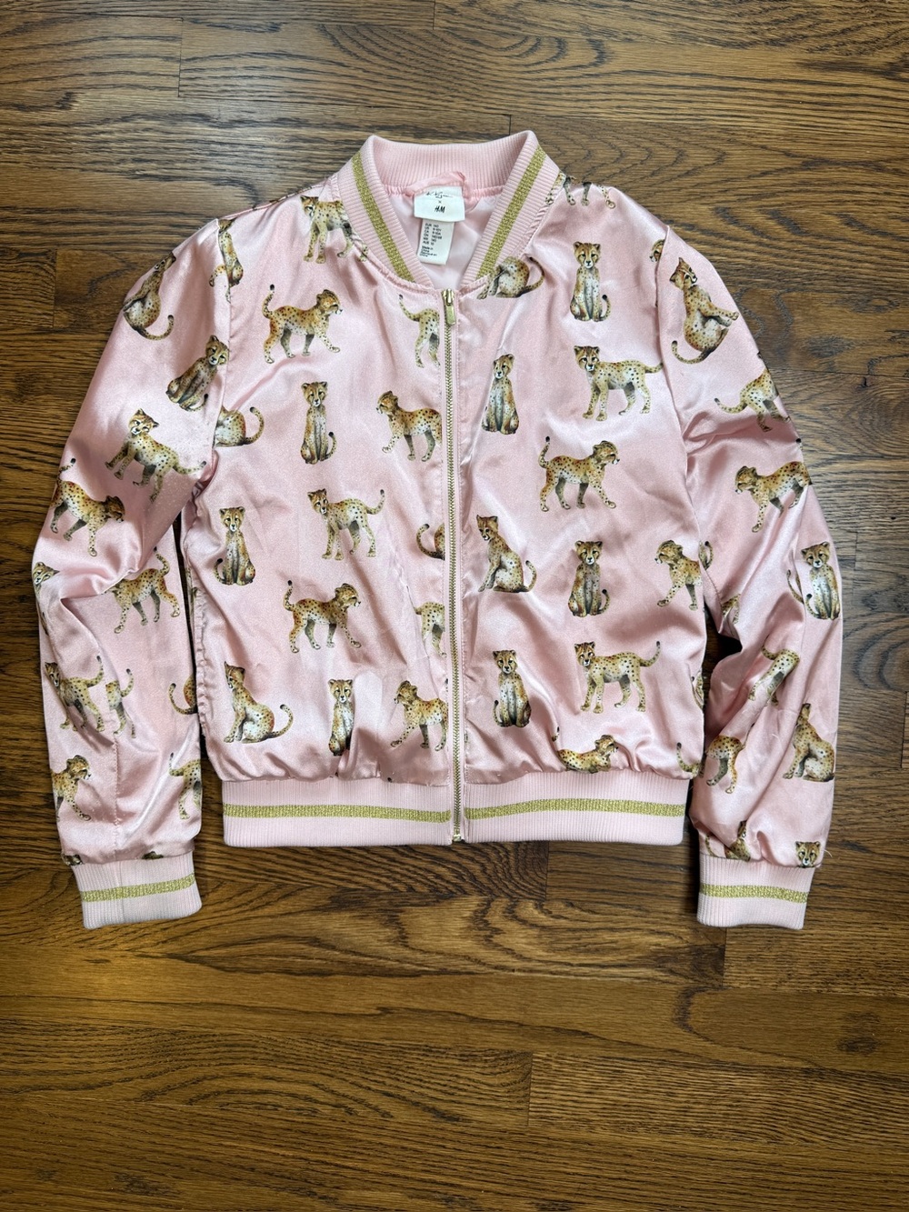H&M x Karlolina Kijan Girls Pink Satin Leopard Print Bomber Jacket Size 9-10